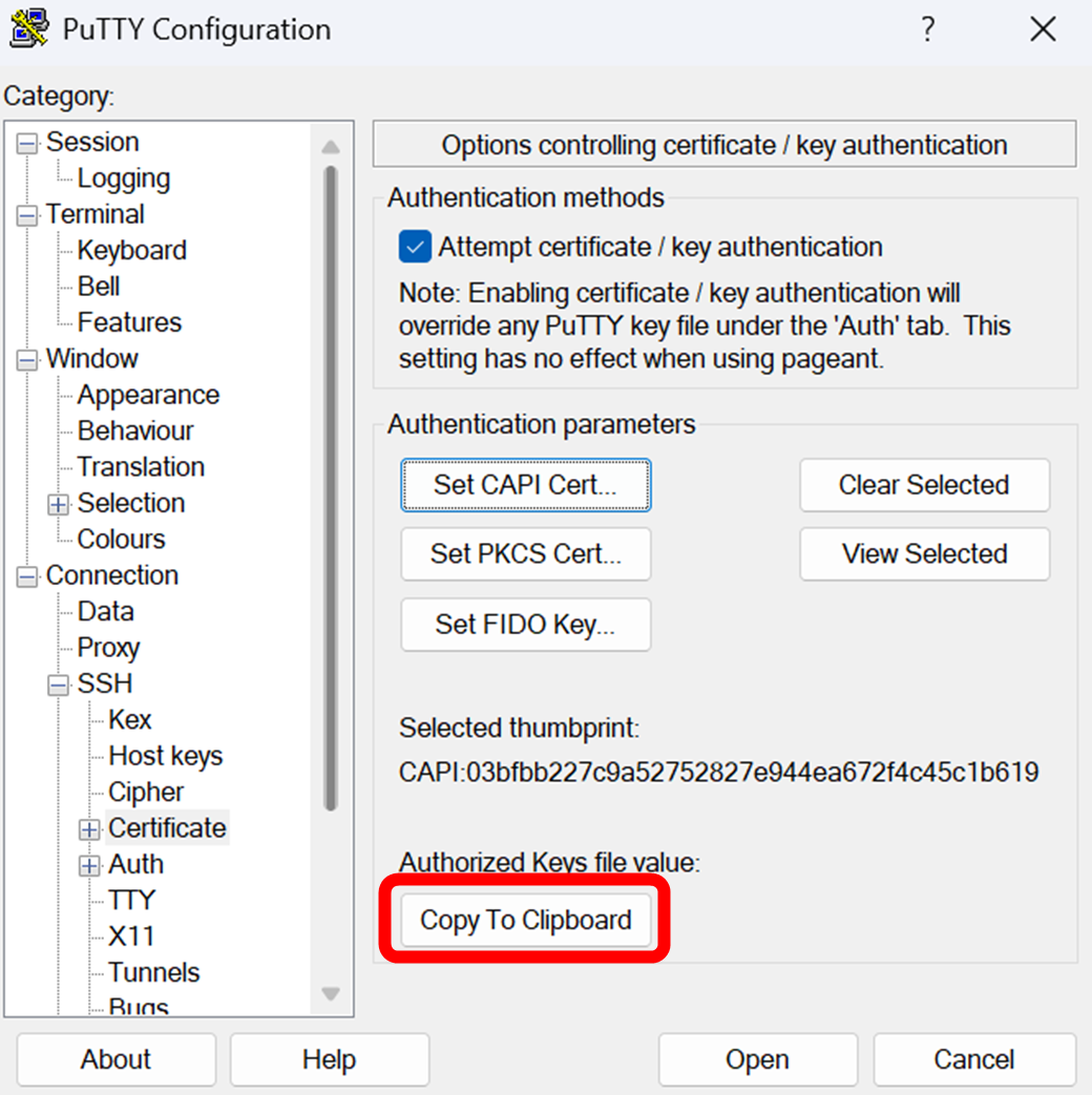 A PuTTY configuration windoow.