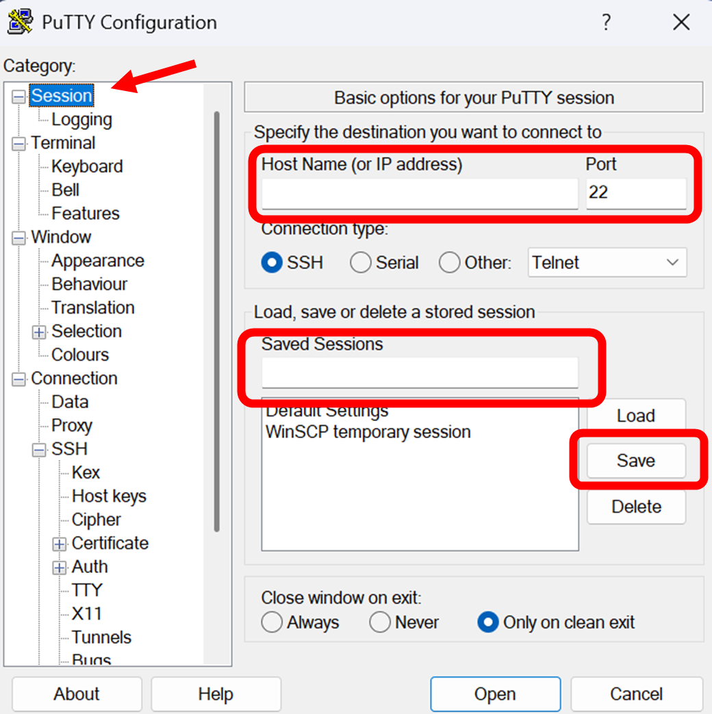 A PuTTY configuration windoow.
